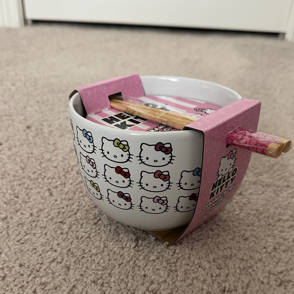 Hello Kitty Pink and White Bowl with Chopsticks